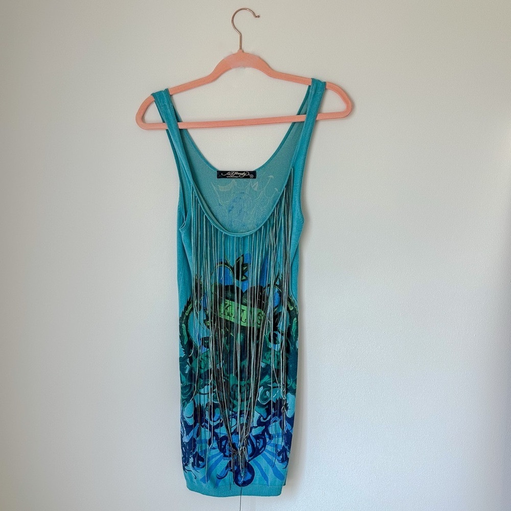 Vintage Ed Hardy Blue Fringe & Crystal Mini Dress